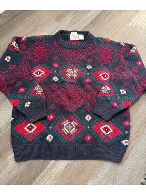 VTG EAGLE PASS Hand Knit Grandpa Sweater Funky Retro Blue Pink Green Size L XL